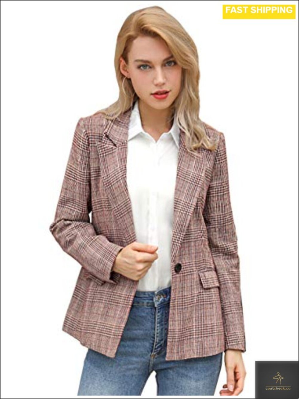 Houndstooth One Button Boyfriend Blazer Notched Lapel Work Office Suit Jacket